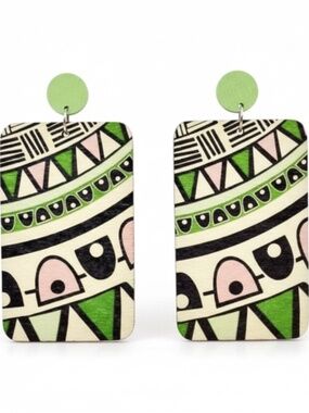 Womens Bohemian Square Wood Green Earrings